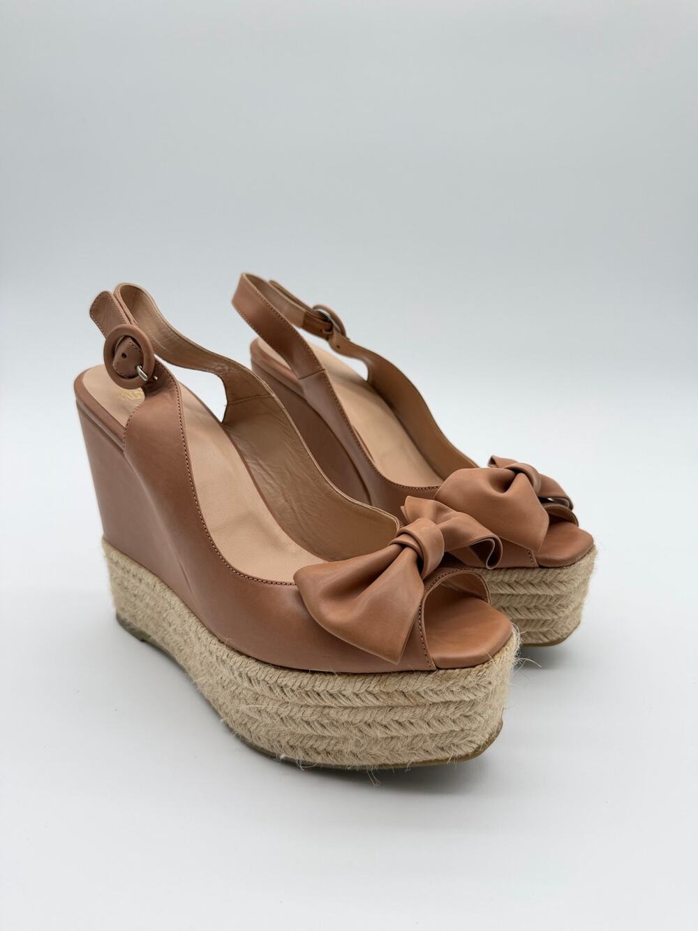 Frances Valentine | Elizabeth Tan Leather Bow Espadrille Platform Wedges 8B